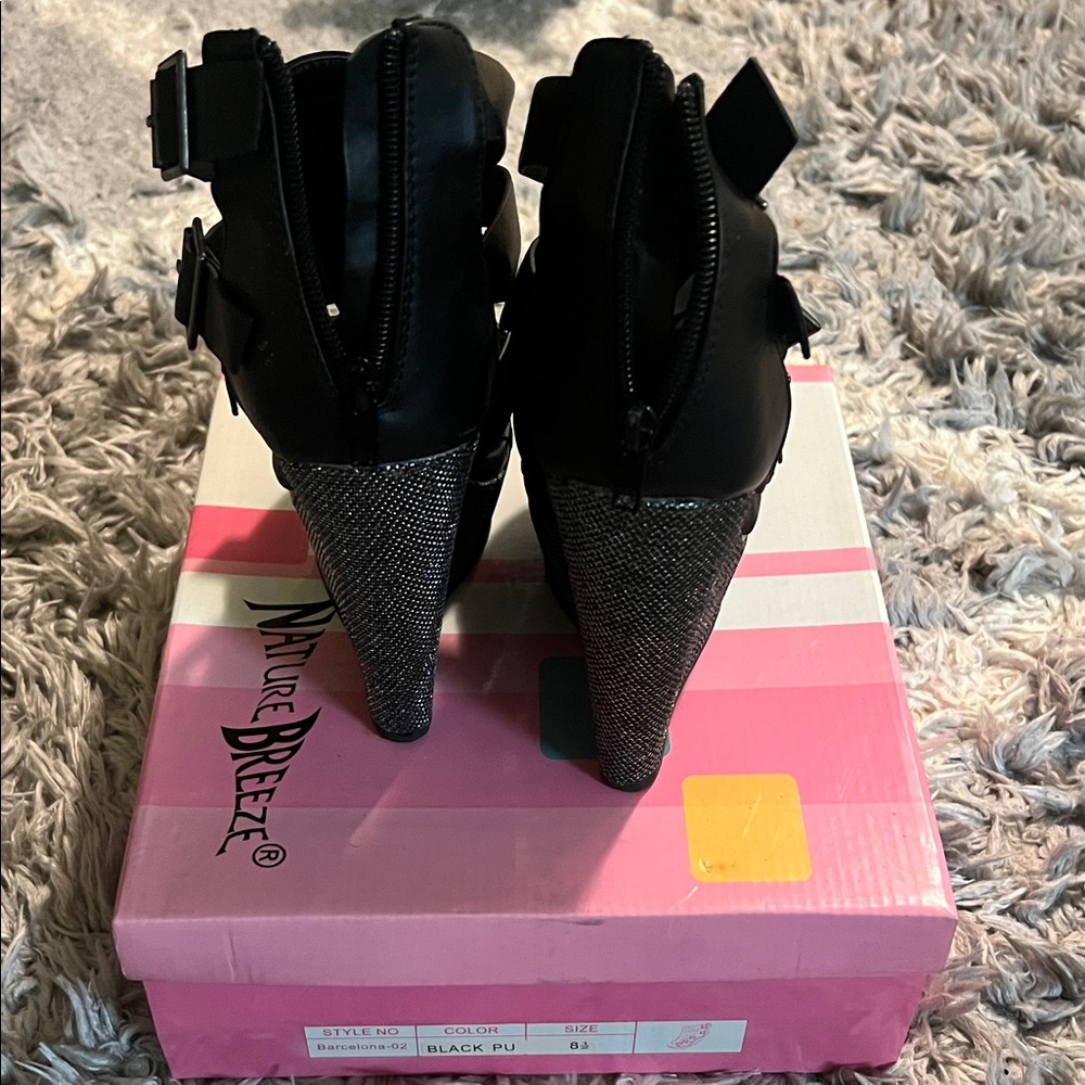 Nature Breeze Black Strappy Glitter Wedge Sandals - Picture 4 of 4